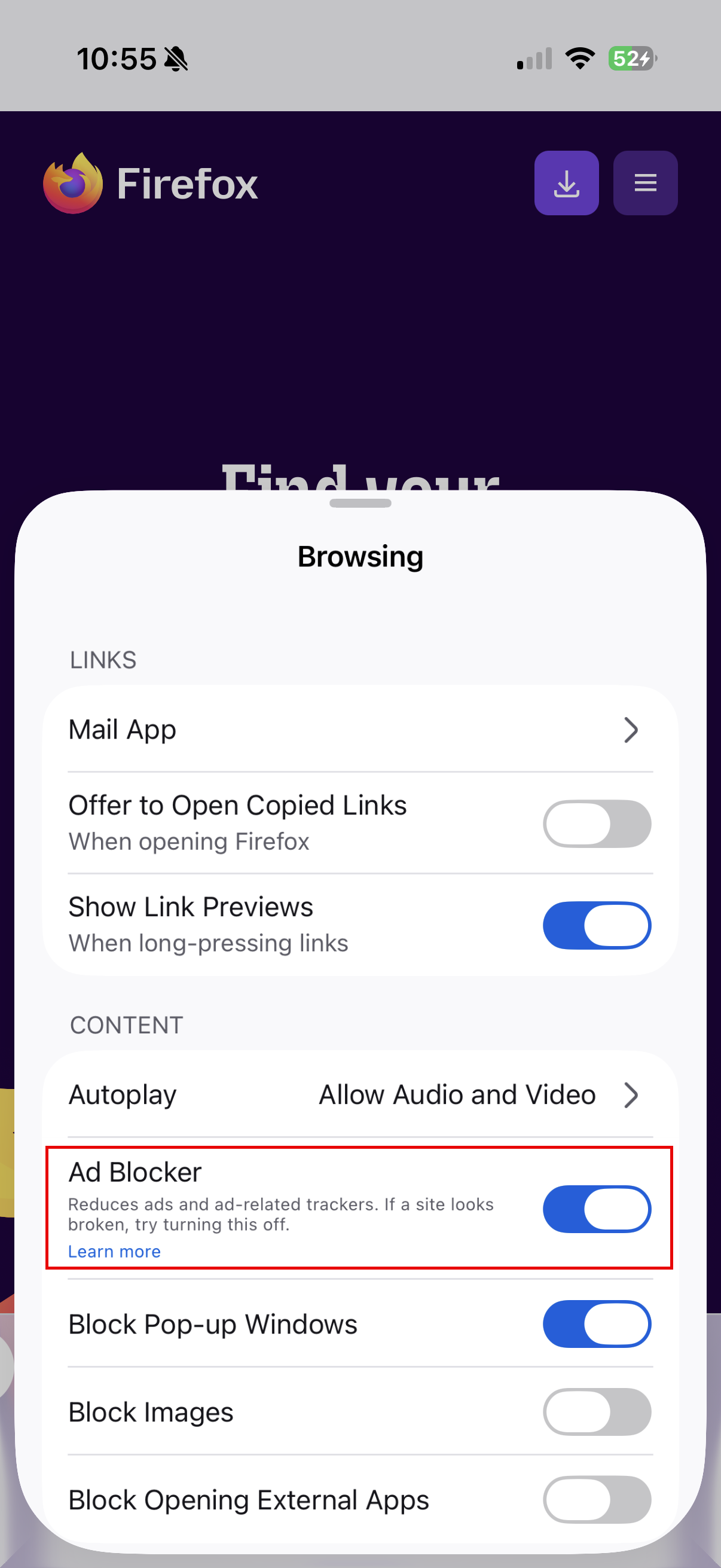 Firefox for iOSの閲覧設定で、Ad BlockerをオンにしたMozilla公式画面