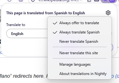 Fx157Firefox Translations - Settings menu (Always Translate Spanish)