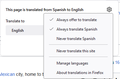 Fx150Firefox Translations - Settings menu (Always Translate Spanish)
