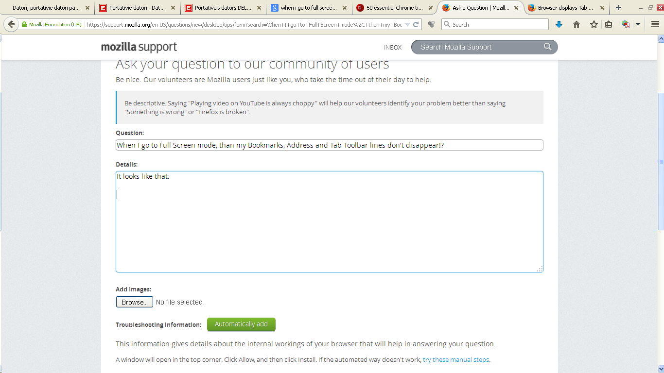 When I go to Full Screen mode, than my Bookmarks, Address and Tab Toolbar lines don't disappear