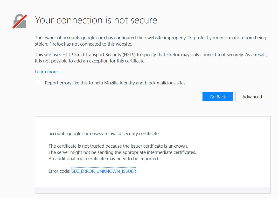 Site 'accounts.google.com' uses an invalid security certificate ...