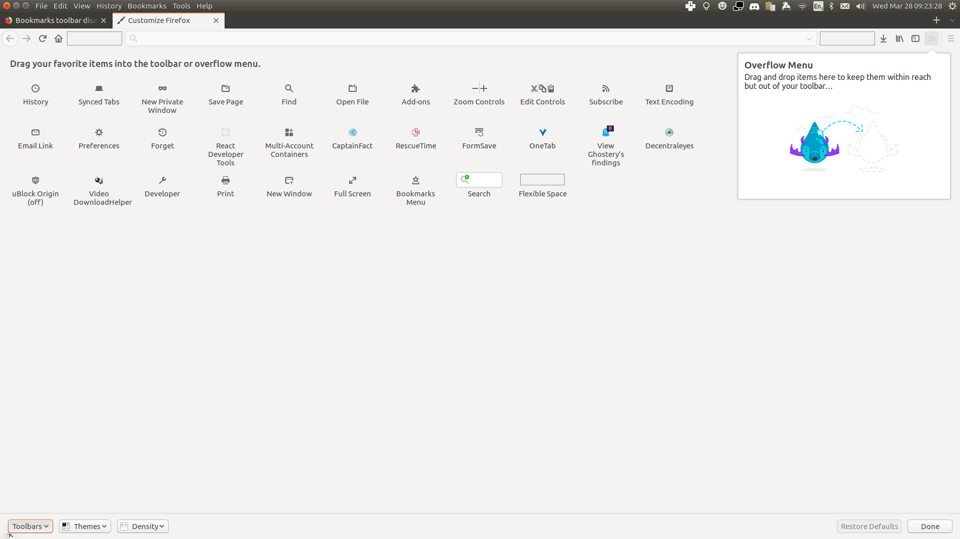 Bookmarks toolbar disapeared from the UI and doesn't appear in the