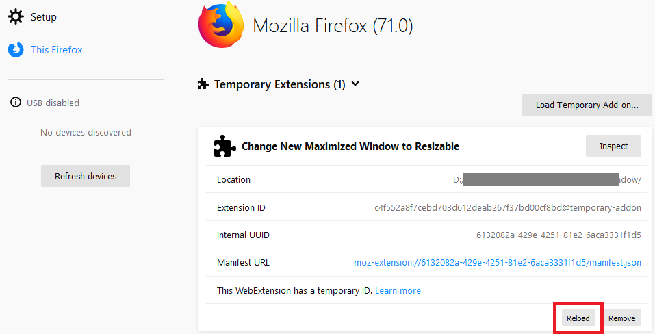 Temporarily load an extension in Firefox 