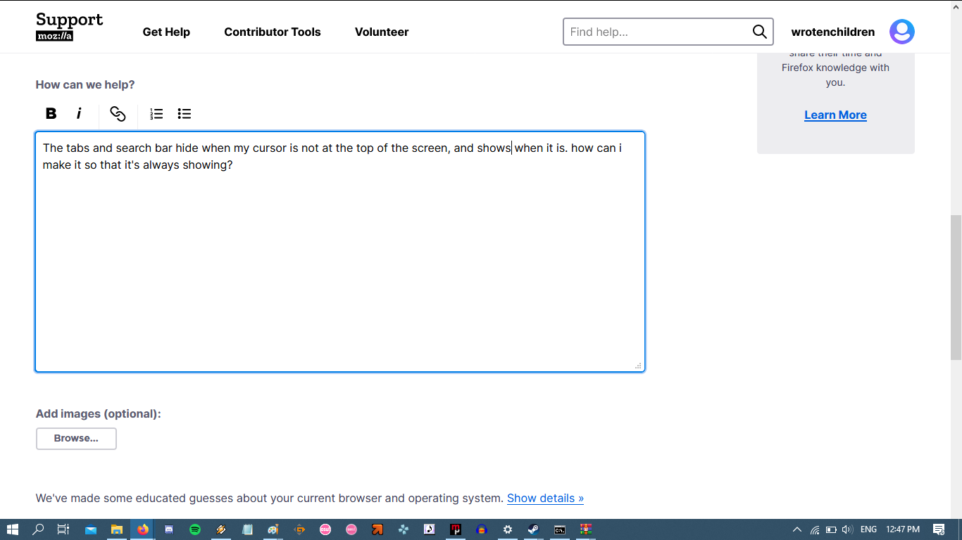 Tabs and search bar hiding Firefox Support Forum Mozilla Support