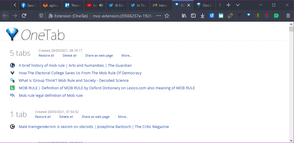 Firefox OneTab - One tab to rule them all