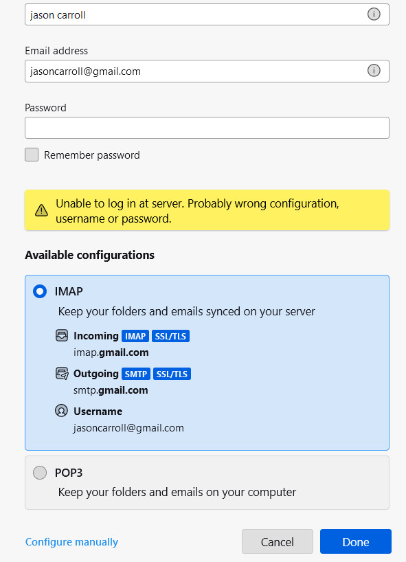 mailbird gmail server authentification failed